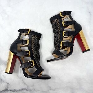 Christian Louboutin Fencing 100 Leather Gladiator Buckle Block Heel Bootie Black